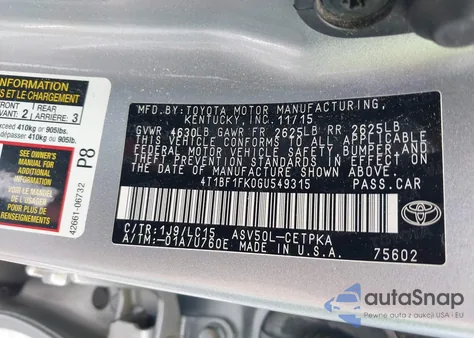 2016 Toyota Camry Le/Xle/Se/Xse from USA, damaged, VIN 4T1BF1FK0GU549315